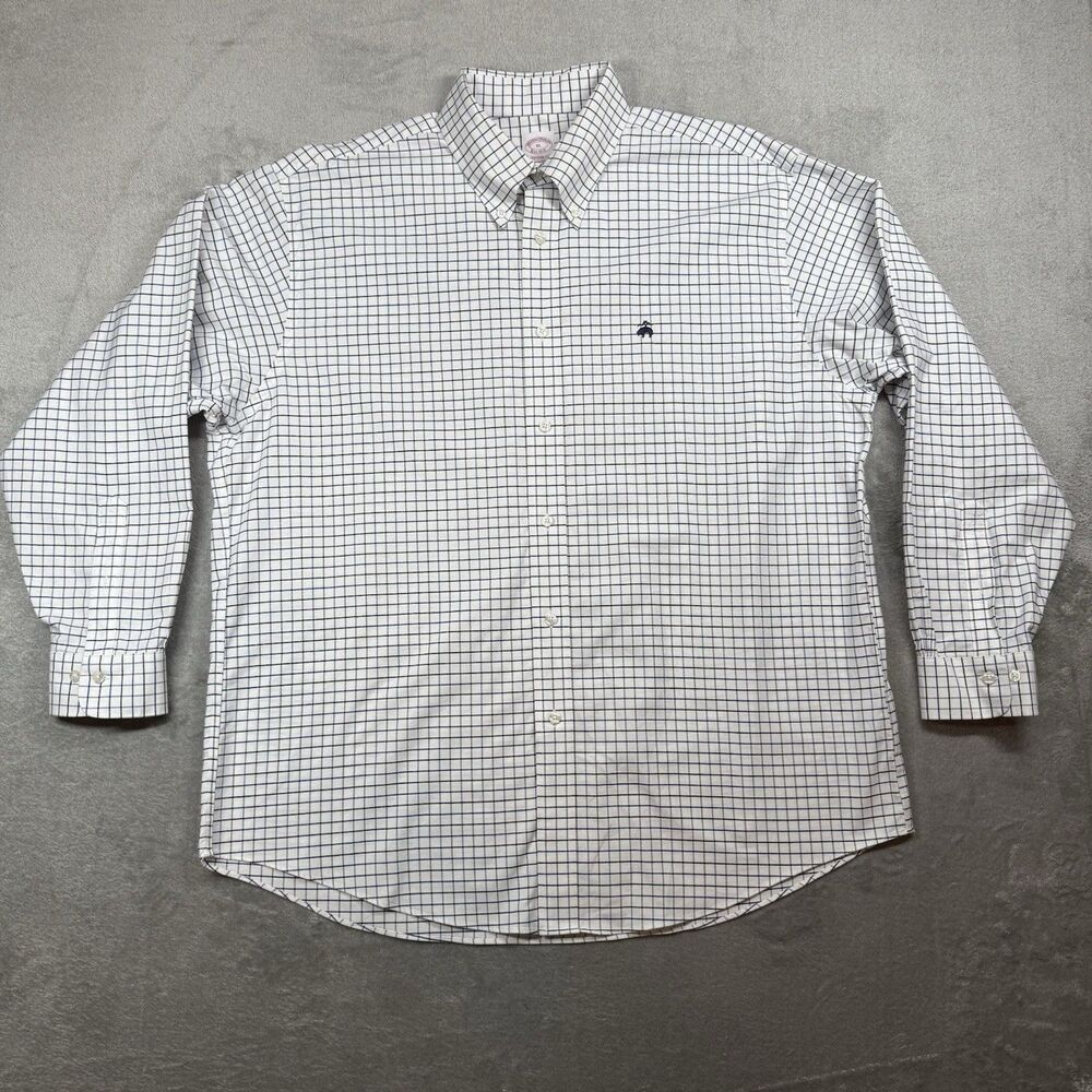 Brooks Brothers Shirt Men’s XL White Blue Cotton Checked Button Up Madison Fit